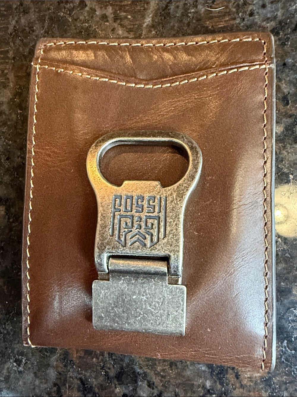 Vintage Fossil Brown Leather Card Holder with Silver-Tone Bottle Opener Clip
